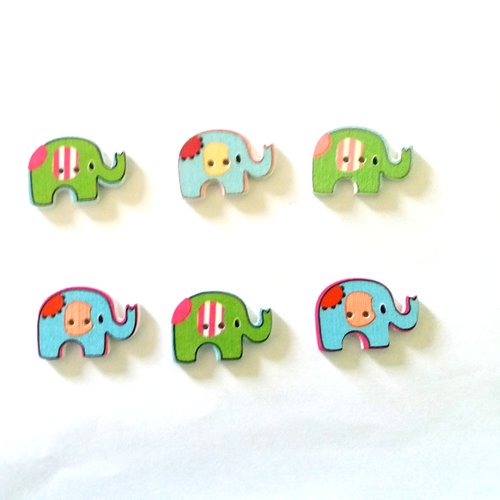 6 boutons fantaisies en bois - éléphant - vert et bleu - 20x32mm - f10 n°2