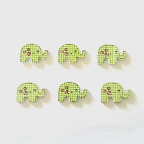 6 boutons fantaisies en bois - éléphant à carreaux vert et blanc - 20x30mm - f10 n°3