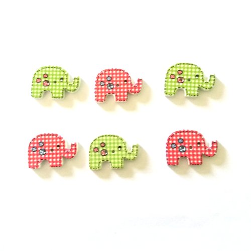 6 boutons fantaisies en bois - éléphant à carreaux vert blanc rouge - 20x30mm - f10 n°4