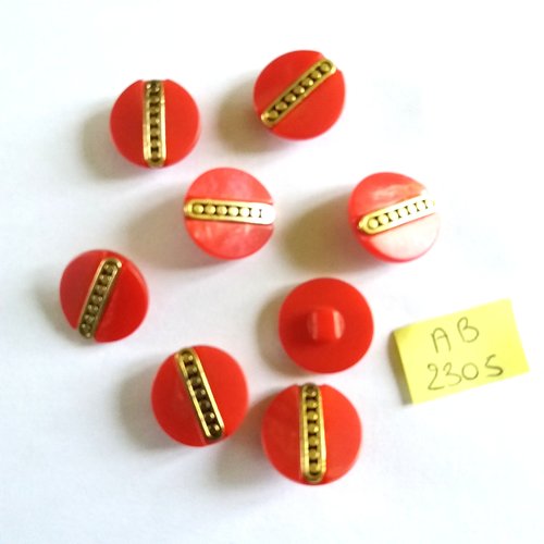 8 boutons en résine rouge et doré - 18mm - ab2305