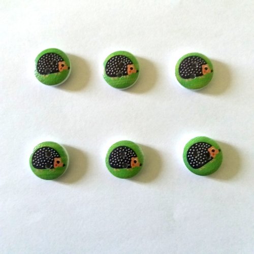 6 boutons fantaisies en bois - hérisson - vert et  noir - 15mm - bri466