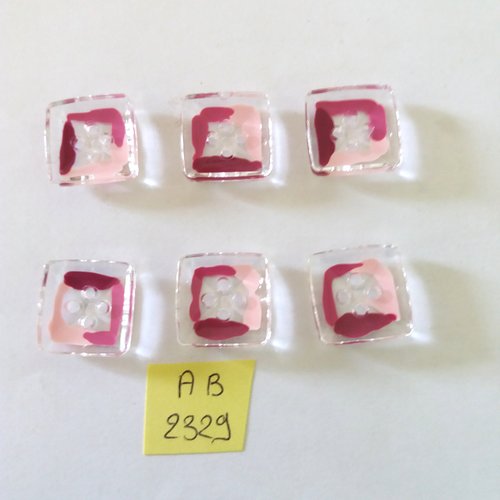 6 boutons en résine transparent rose et fuchsia  - 18x18mm - ab2329