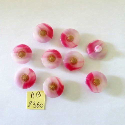 9 boutons en résine rose fuchsia et doré - 18mm - ab2360