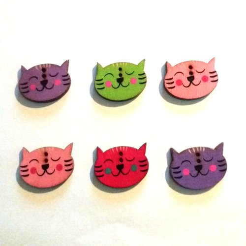 6 boutons fantaisies en bois - tete de chat - multicolore - 22x29mm - f5 n°1