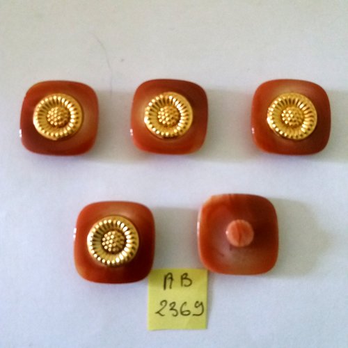 5 boutons en résine marron et doré - 23x23mm - ab2369