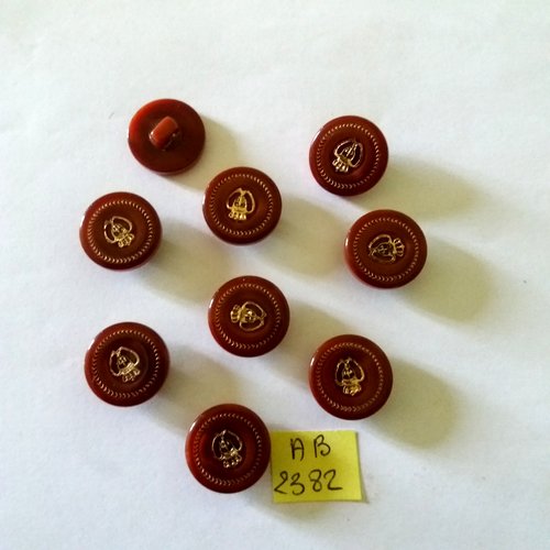 9 boutons en résine marron et doré - 18mm - ab2382