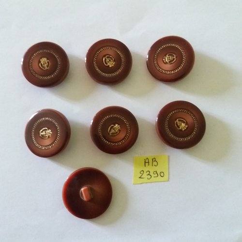 7 boutons en résine marron et doré - 28mm - ab2390