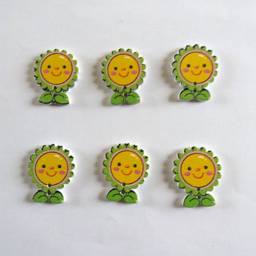 6 boutons fantaisies en bois - fleur - vert et jaune - 24x30mm - f10