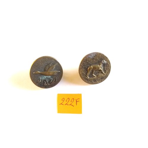 2 boutons en métal bronze - 1 canard et 1 chien - vintage - 26mm - 222f