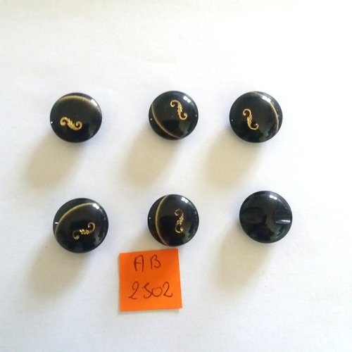 6 boutons en résine noir et doré - 17mm - ab2502