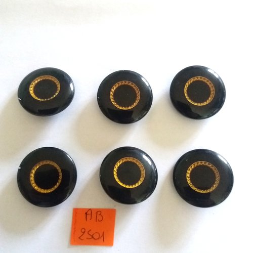 6 boutons en résine noir et doré - 28mm - ab2501