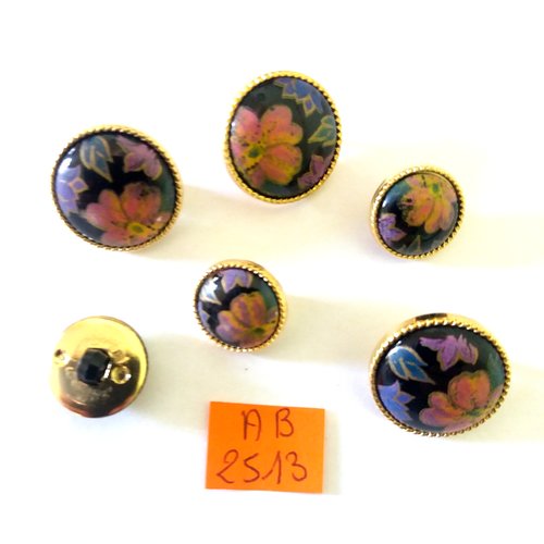 6 boutons en résine noir et doré et fleur mauve - 20mm et 15mm - ab2513