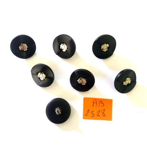 7 boutons en résine noir et argenté - 18mm - ab2528