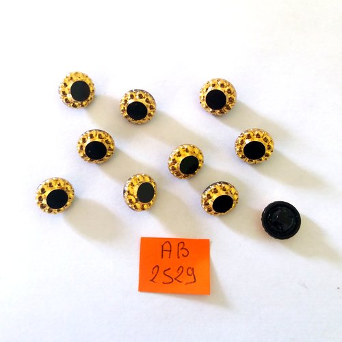 10 boutons en verre noir et résine doré - 11mm - ab2529