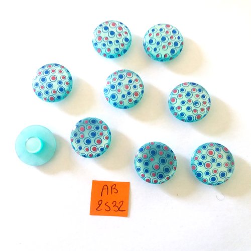 9 boutons en résine bleu avec des petits ronds rouge - 18mm - ab2532