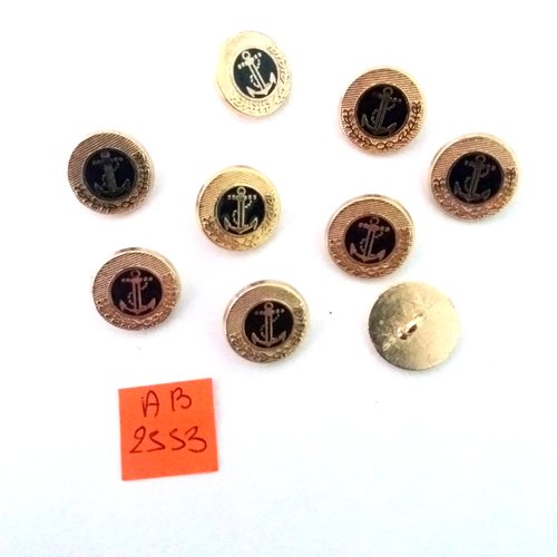 9 boutons en métal doré et noir - une ancre - 15mm - ab2553