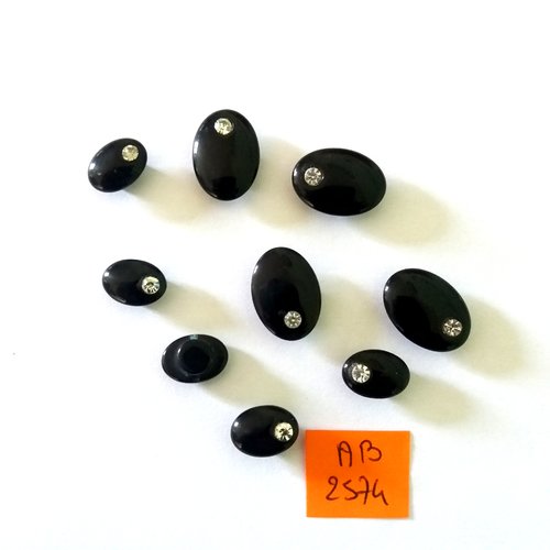 9 boutons en résine noir et srass argenté - taille diverse - ab2574