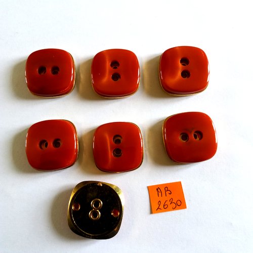 7 boutons en résine rouge foncé et doré - 27x27mm - ab2630