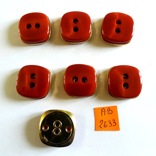 7 boutons en résine rouge foncé et doré - 23x23mm - ab2633