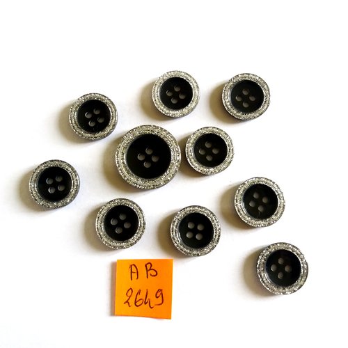 10 boutons en résine noir et argenté - 20mm et 15mm - ab2649