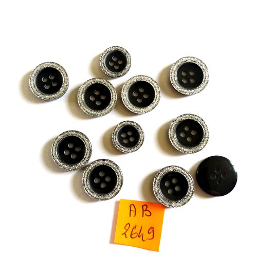 11 boutons en résine noir et argenté - 12mm et 15mm - ab2649