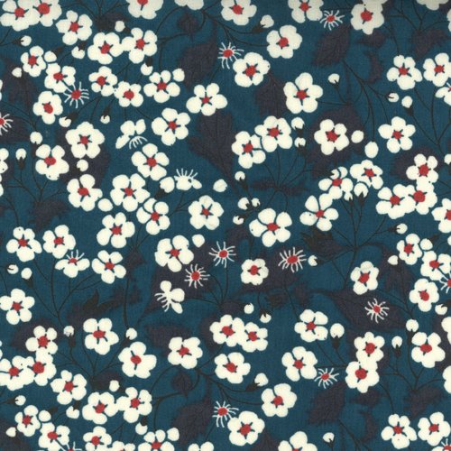 Tissu liberty of london - mitsi - fleur blanc et bleu canard - coton - 10cm / laize