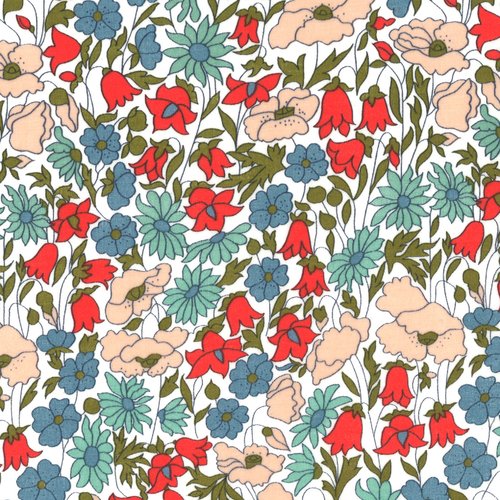 Tissu liberty of london - poppy daisy - fleur bleu / rouge / rose - coton - 10cm / laize