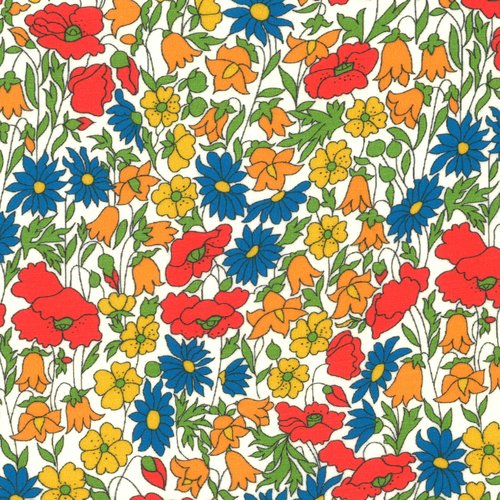 Tissu liberty of london - poppy daisy - fleur bleu / jaune / orange - coton - 10cm / laize