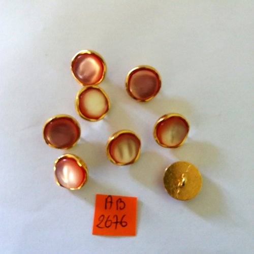 8 boutons en résine doré et rouge/rose - 15mm - ab2676