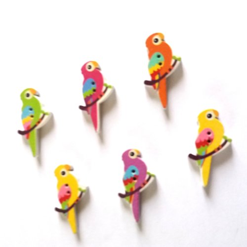 6 boutons fantaisies en bois - oiseaux - multicolore - 16x34mm - f3 n°2