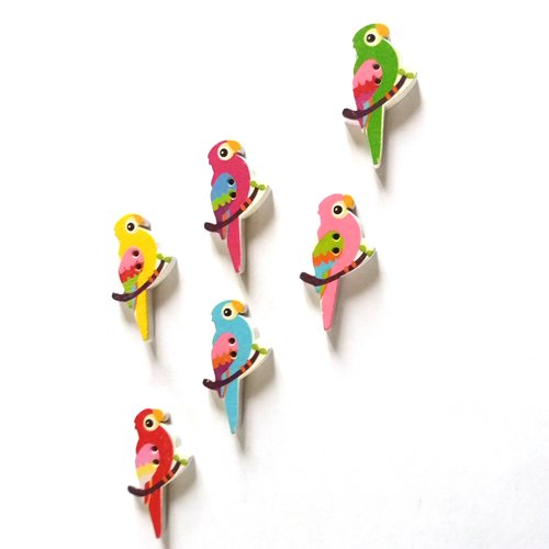 6 boutons fantaisies en bois - oiseaux - multicolore - 16x34mm - f3 n°1