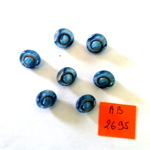 7 boutons en verre bleu et doré - 11mm - ab2695