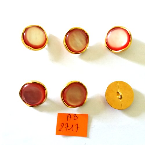 6 boutons en résine rouge/rose et métal doré - 19mm - ab2717