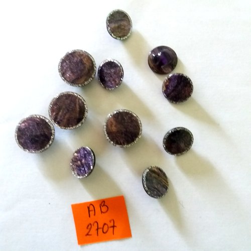 11 boutons en résine  violet et argenté - 15mm et 12mm - ab2707