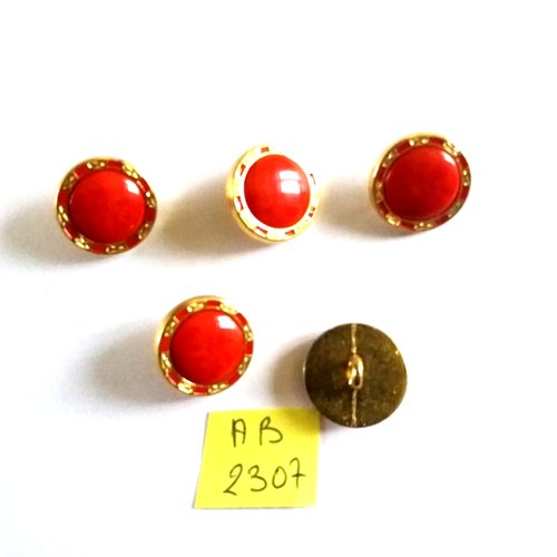 5 boutons en résine rouge et métal doré - 18mm - ab2307