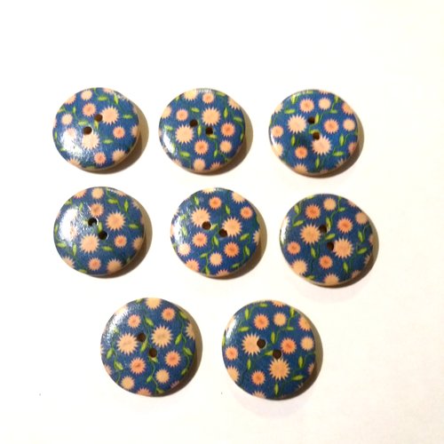 8 boutons fantaisies en bois - fond bleu petite fleur rose- 30mm - 11