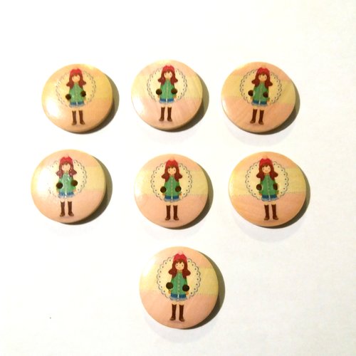 7 boutons fantaisies en bois - une fille - fond rose pale et habit vert - 30mm - 14