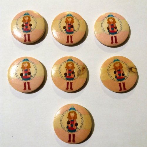 7 boutons fantaisies en bois - une fille - fond rose pale et habit bleu/rouge - 30mm - 13