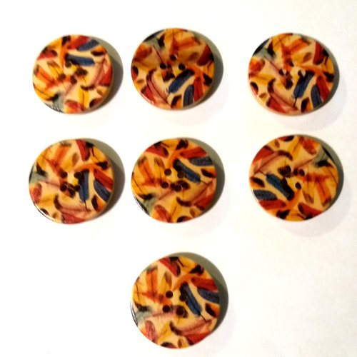 7 boutons fantaisies en bois - plumes multicolores - 30mm - 12