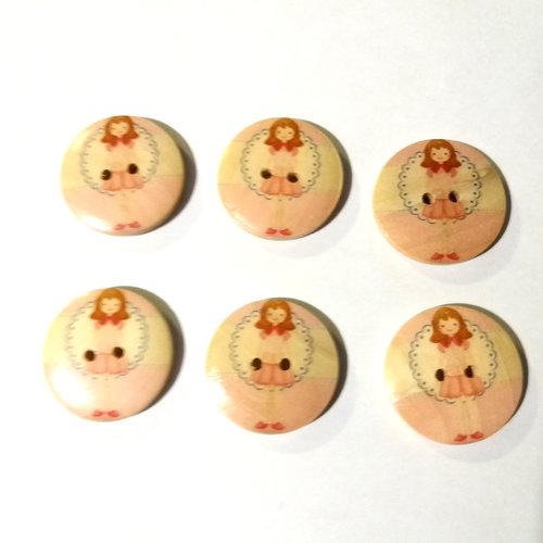 6 boutons fantaisies en bois - petite fille - fond rose pale avec une robe rose très clair - 30mm - 13