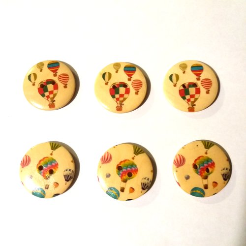 6 boutons fantaisies en bois - fond beige et montgolfière multicolore - 30mm - 12