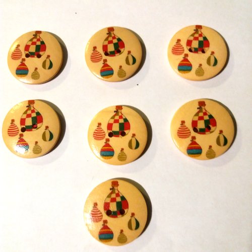 7 boutons fantaisies en bois - fond beige et montgolfière multicolore - 30mm - 9