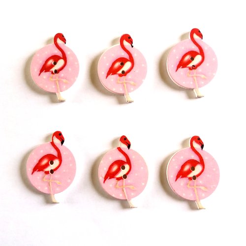 6 boutons en bois  - flamant rose - fond rose et oiseaux rouge - 25x34mm - f10