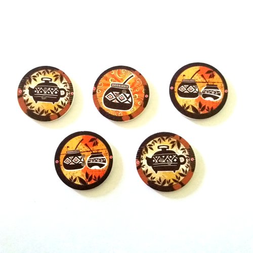 5 boutons fantaisie en bois  - un chaudron - multicolore - 30mm - f4n°3