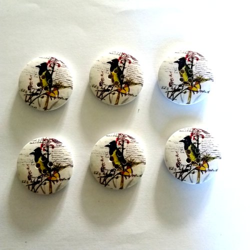 6 boutons fantaisies en bois  - des oiseaux - fond blanc et noir et jaune - 30mm - 11