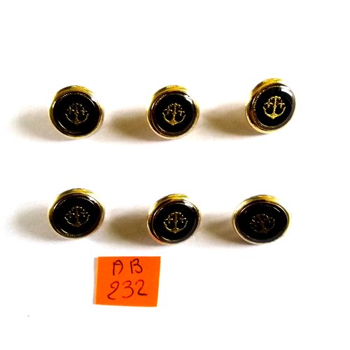 6 boutons en résine noir et doré - une ancre - 15mm - ab232