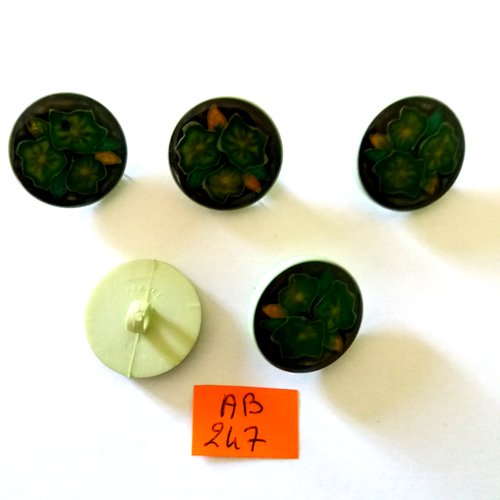 5 boutons en résine vert et blanc - des feuilles - 22mm - ab247