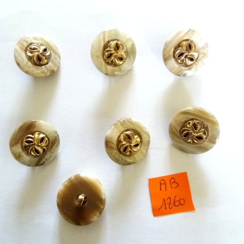 7 boutons en résine beige et doré - 21mm - ab1860