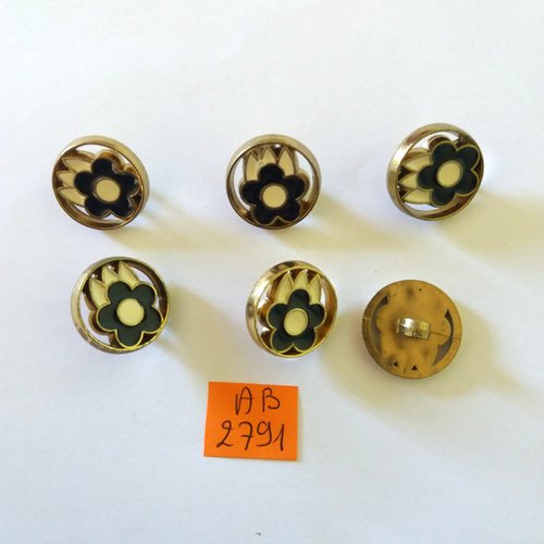 6 boutons en résine doré et fleur noir et blanc - 19mm - ab2791