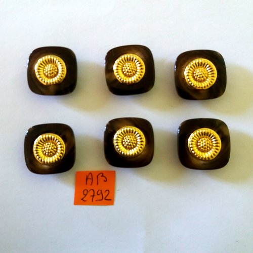 6 boutons en résine marron et doré - 23x23mm - ab2792